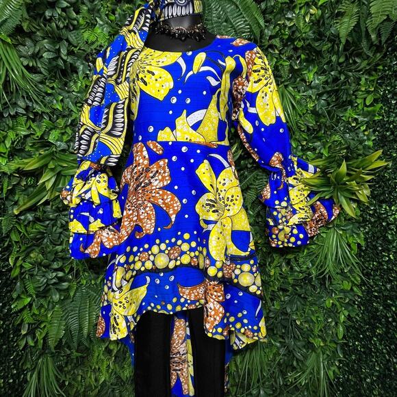 Women Tops One Size Plus Blue Floral African Print Hi Low Hem Blouse 1357 - Picture 5 of 7